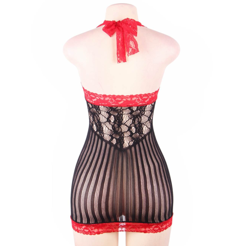 QUEEN LINGERIE - SCHWARZES UND ROTES GEHKELTES CHEMISE S/L