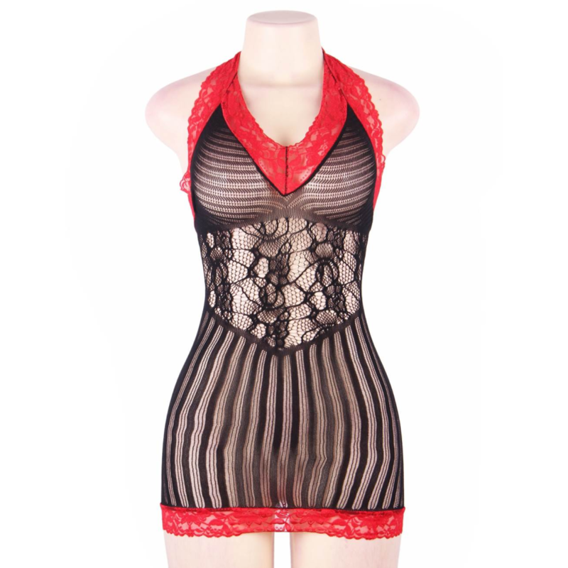 QUEEN LINGERIE - SCHWARZES UND ROTES GEHKELTES CHEMISE S/L