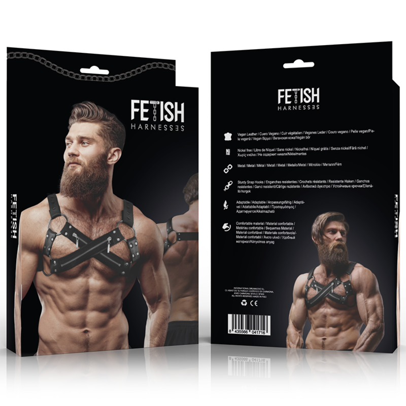 FETISH SUBMISSIVE ATTITUDE - VERSTELLBARER NEOPREN-CROSS-OVER-BRUSTBULLDOGGENGESCHIRR MIT REISSVERSCHLÜSSEN FÜR MNNER