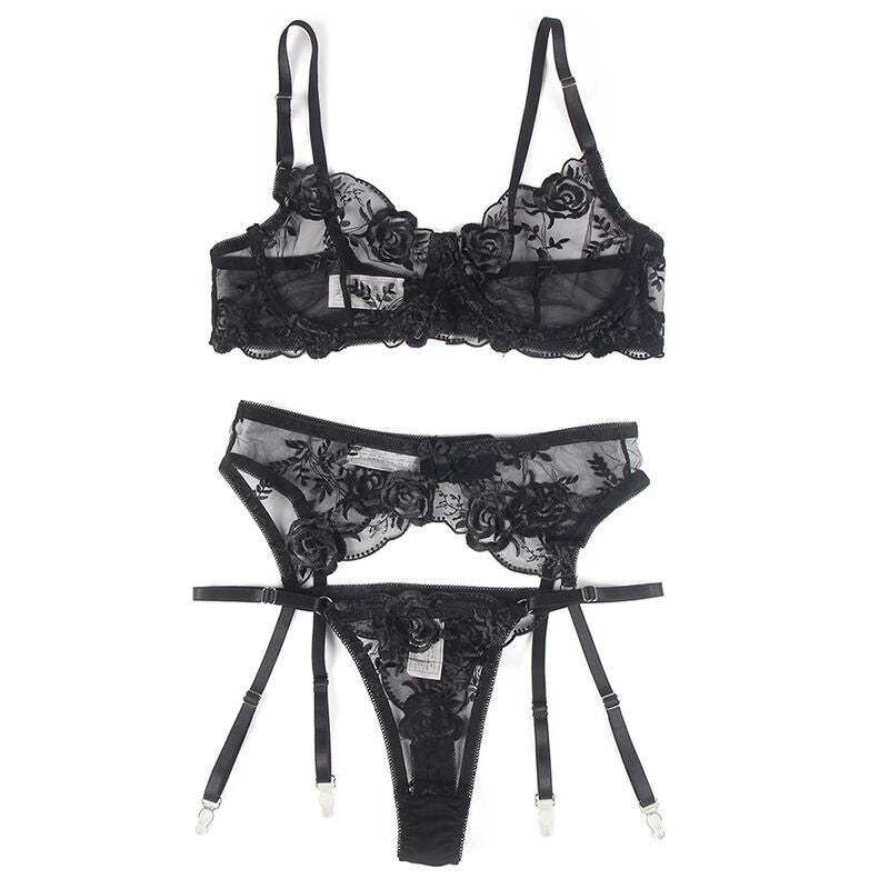 SUBBLIME - 3-TEILIGES SET BH + STRING + STRUMPFBAND BLUMENPRINT SCHWARZ S/M