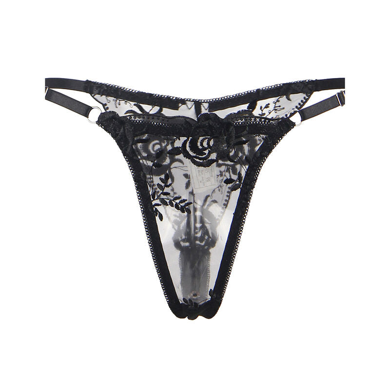 SUBBLIME - 3-TEILIGES SET BH + STRING + STRUMPFBAND BLUMENPRINT SCHWARZ S/M