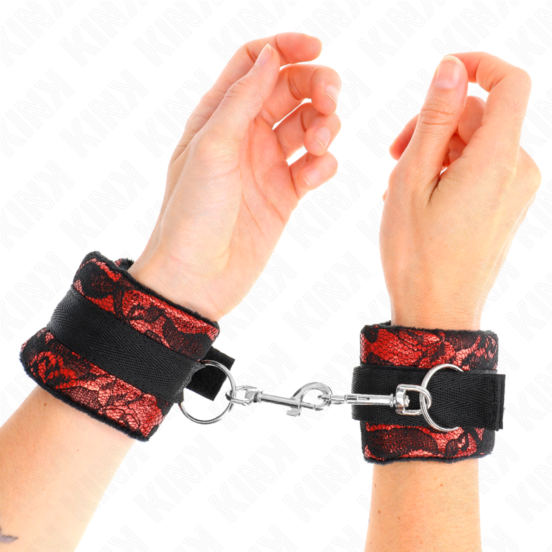 KINK - KURZE HANDGELENKSFESSELN AUS SAMTSPITZE UND NYLONFESSEL ROT/SCHWARZ 23 X 6,5 CM